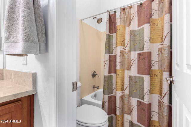 9845 E Inglewood St, Mesa, AZ 85207 - full bathroom with toilet, shower / bath combo with shower curtain, and vanity