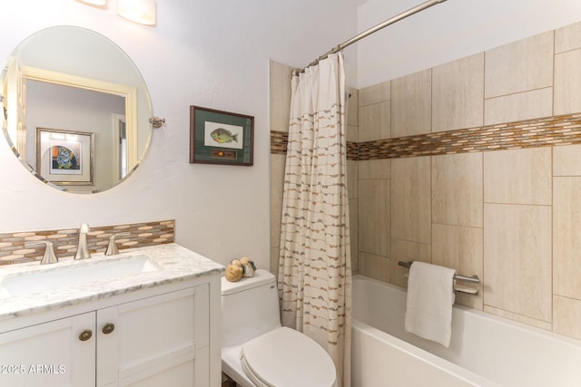 full bathroom with shower / bathtub combination with curtain, backsplash, vanity, and toilet