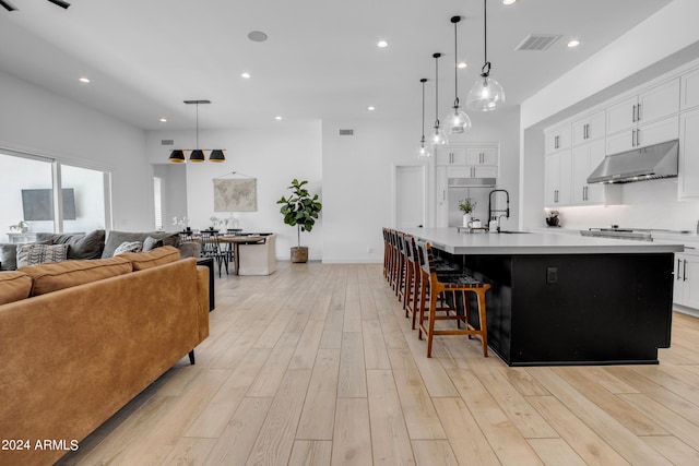 kitchen featuring a spacious island, pendant lighting, light hardwood / wood-style floors, and white cabinetry