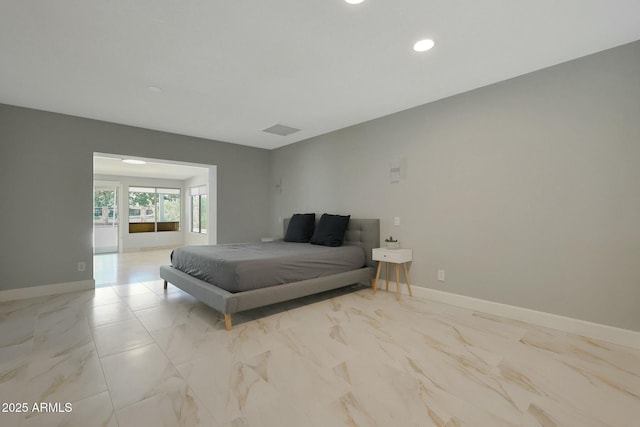 bedroom featuring recessed lighting, marble finish floor, visible vents, and baseboards