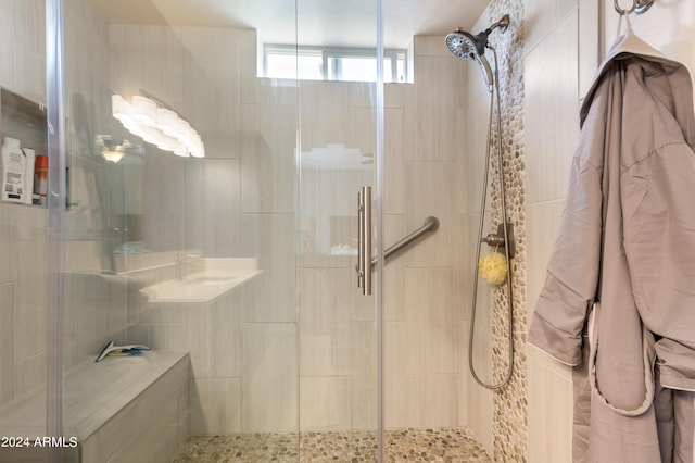 bathroom featuring walk in shower and sink