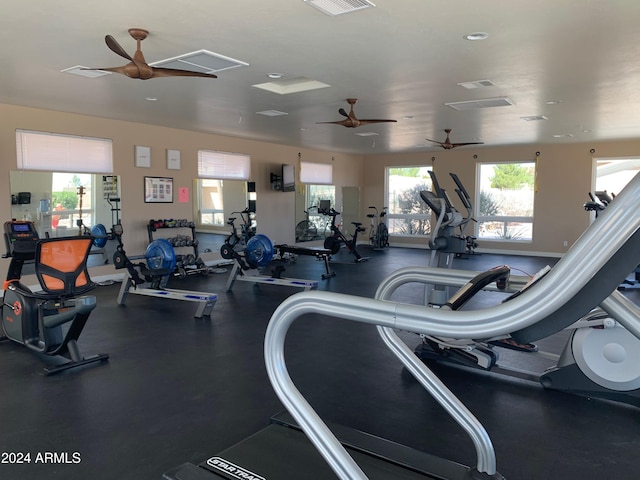 workout area with ceiling fan