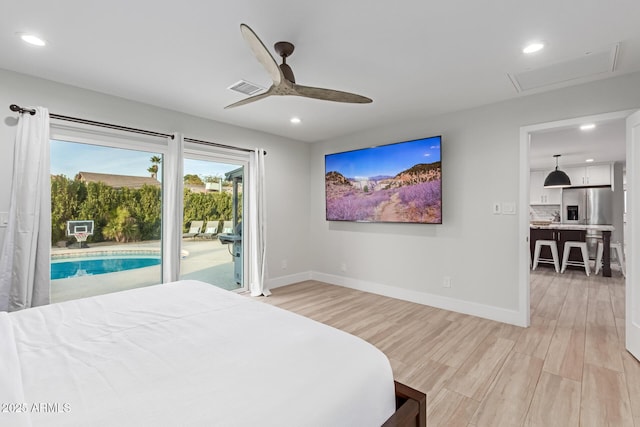 bedroom with stainless steel fridge with ice dispenser, access to outside, light hardwood / wood-style floors, and ceiling fan