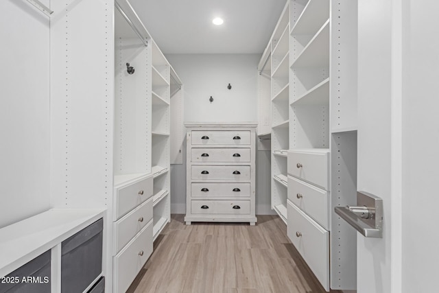 walk in closet with light hardwood / wood-style flooring