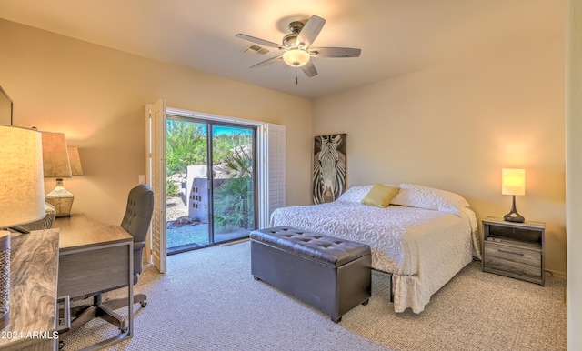 carpeted bedroom with ceiling fan and access to exterior