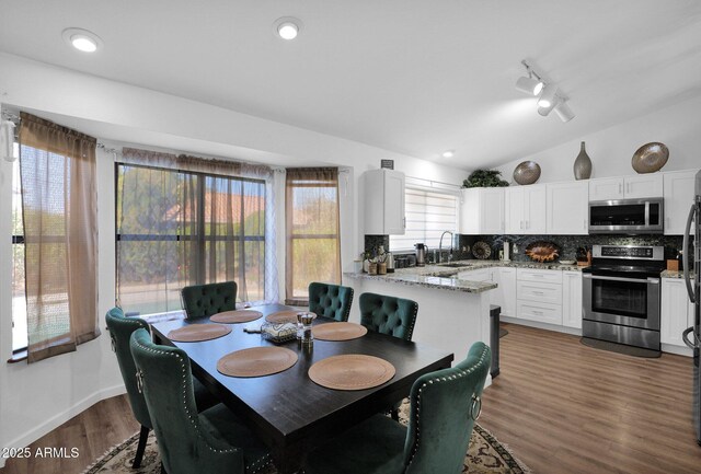 dining space featuring lofted ceiling, sink, and dark wood-type flooring