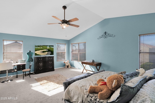 bedroom with lofted ceiling, carpet flooring, and multiple windows