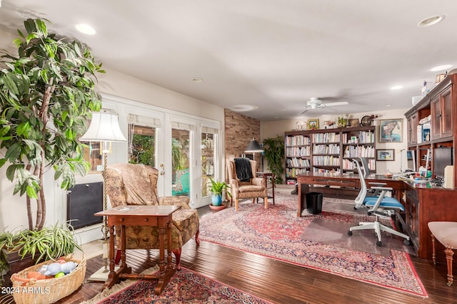 office space with hardwood / wood-style flooring, a ceiling fan, french doors, and recessed lighting