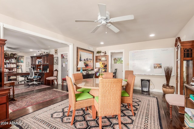 dining space with recessed lighting, wood finished floors, and a ceiling fan
