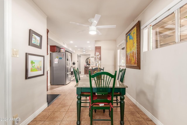 dining area featuring recessed lighting, baseboards, ceiling fan, and light tile patterned floors