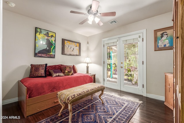 bedroom featuring ceiling fan, french doors, dark hardwood / wood-style floors, and access to outside