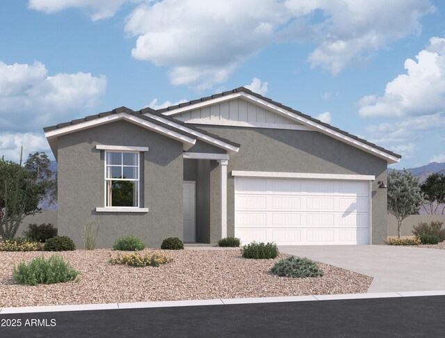 ranch-style house featuring driveway, an attached garage, and stucco siding