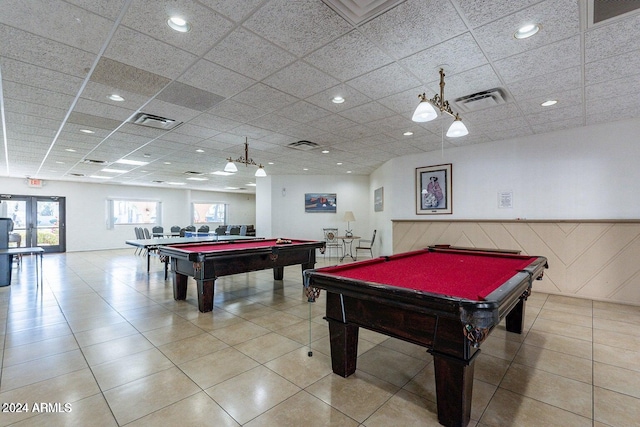 rec room featuring a paneled ceiling and billiards