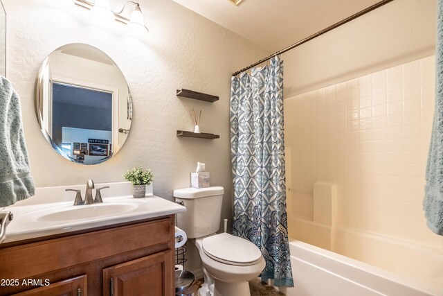 full bath with shower / bath combo, a textured wall, vanity, and toilet