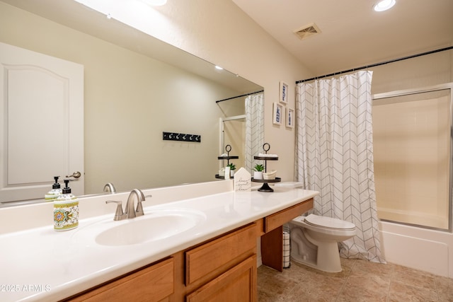 full bath featuring visible vents, toilet, tile patterned floors, shower / bathtub combination with curtain, and vanity