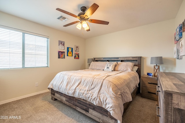 bedroom featuring carpet, visible vents, ceiling fan, and baseboards