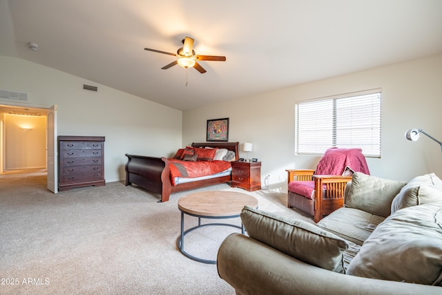 bedroom with lofted ceiling, visible vents, ceiling fan, and light carpet