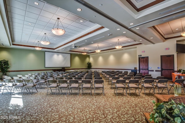 carpeted home theater featuring a raised ceiling