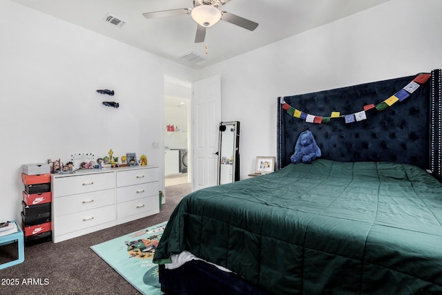 bedroom featuring ceiling fan and dark colored carpet