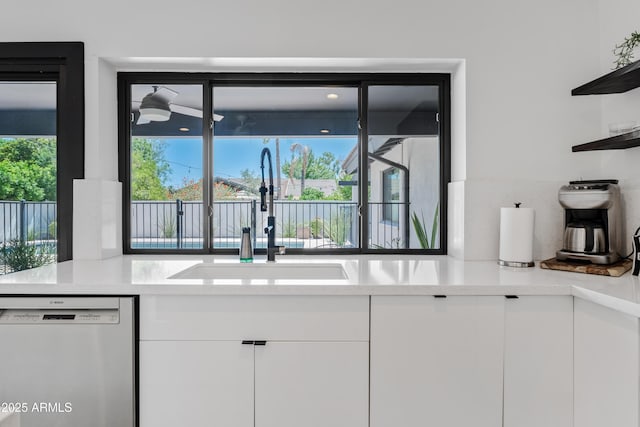 101 E Linger Ln, Phoenix, AZ 85020 - kitchen with stainless steel dishwasher, a sink, open shelves, and white cabinets
