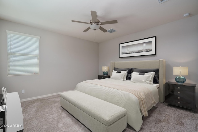 bedroom featuring baseboards, visible vents, ceiling fan, and carpet flooring