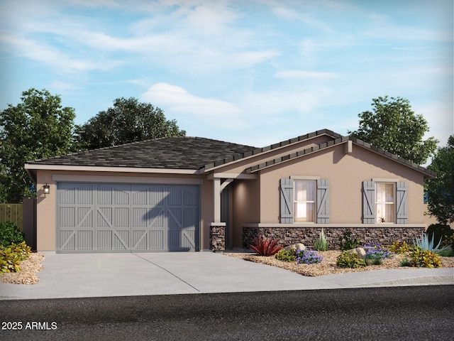 view of front facade featuring an attached garage, concrete driveway, stucco siding, and stone siding