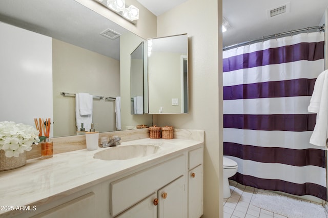 bathroom with tile patterned flooring, vanity, toilet, and walk in shower