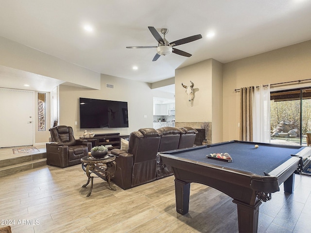 rec room featuring ceiling fan, light hardwood / wood-style floors, and pool table