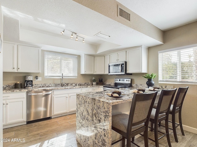 kitchen with appliances with stainless steel finishes, light hardwood / wood-style flooring, a healthy amount of sunlight, and sink