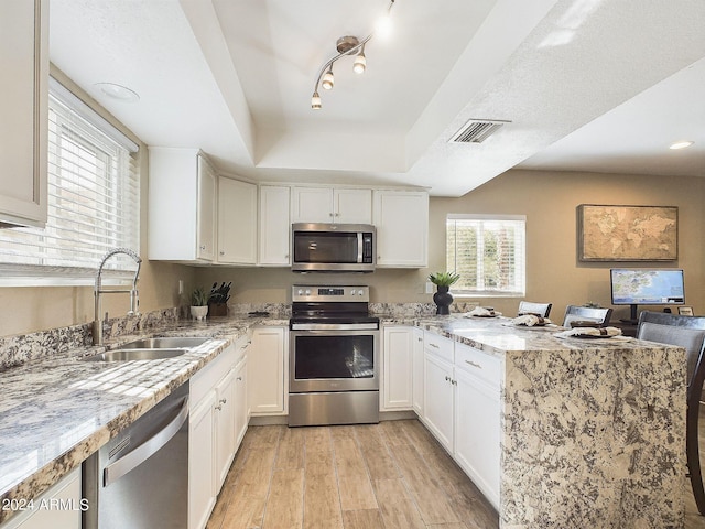 kitchen featuring white cabinetry, light wood-type flooring, sink, and appliances with stainless steel finishes