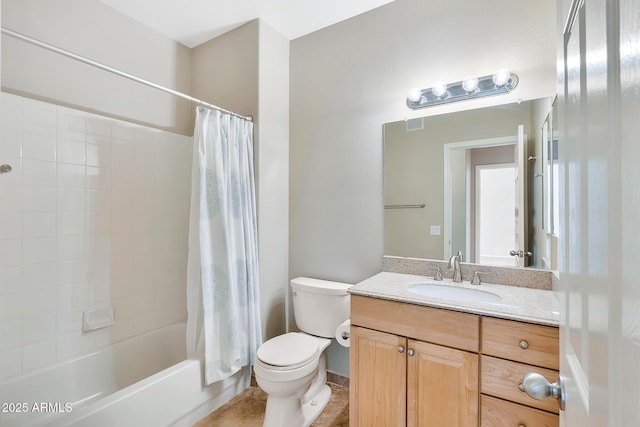 bathroom with shower / bath combo, toilet, vanity, and tile patterned floors