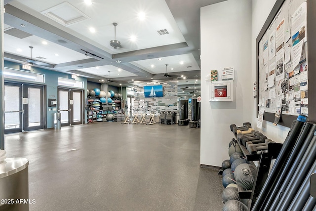 workout area featuring french doors and visible vents