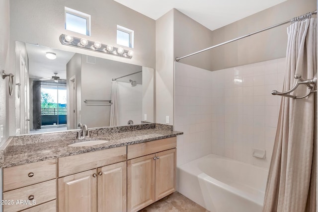 full bath featuring visible vents, a ceiling fan, vanity, and shower / bathtub combination with curtain