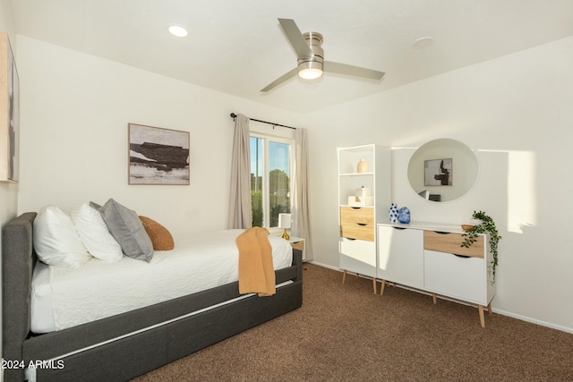 bedroom with a ceiling fan, dark colored carpet, baseboards, and recessed lighting