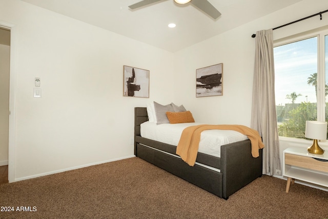 bedroom with ceiling fan, baseboards, carpet flooring, and recessed lighting