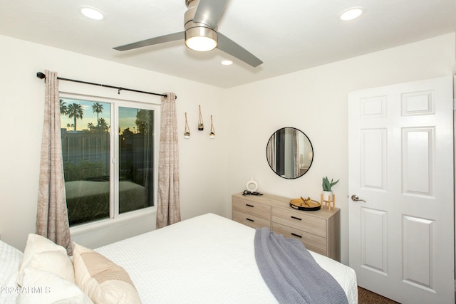 bedroom with a ceiling fan and recessed lighting