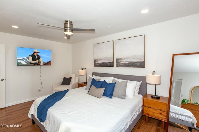 bedroom featuring ceiling fan, baseboards, wood finished floors, and recessed lighting