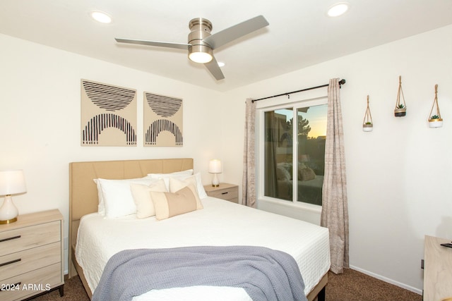 bedroom with baseboards, dark carpet, a ceiling fan, and recessed lighting