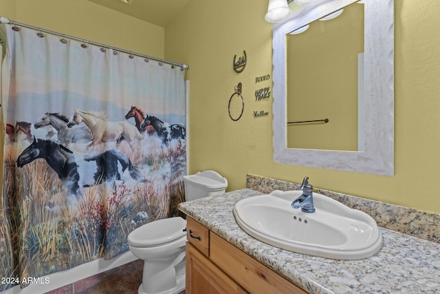 bathroom featuring vanity, a shower with curtain, toilet, and tile patterned flooring