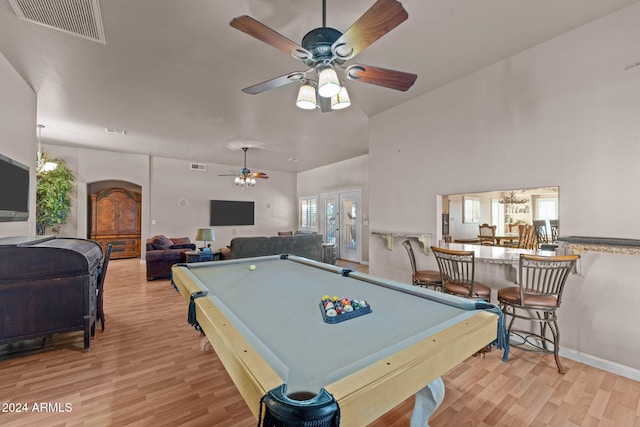 recreation room with ceiling fan, billiards, plenty of natural light, and light wood-type flooring