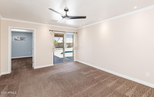 6457 E Encanto St, Mesa, AZ 85205 - carpeted empty room featuring ceiling fan, crown molding, baseboards, and visible vents