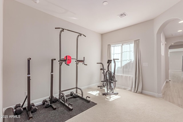 2881 N Riverside Dr, Florence, AZ 85132 - exercise room featuring arched walkways, baseboards, and carpet flooring