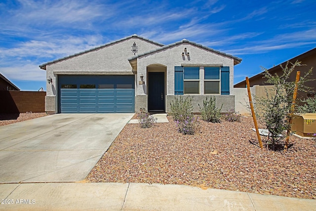 41600 W Dusty Creek Dr, Maricopa, AZ 85138 - ranch-style house with driveway, fence, stucco siding, and an attached garage