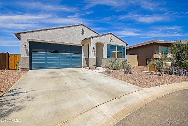 41600 W Dusty Creek Dr, Maricopa, AZ 85138 - ranch-style home with concrete driveway, a garage, stucco siding, and fence