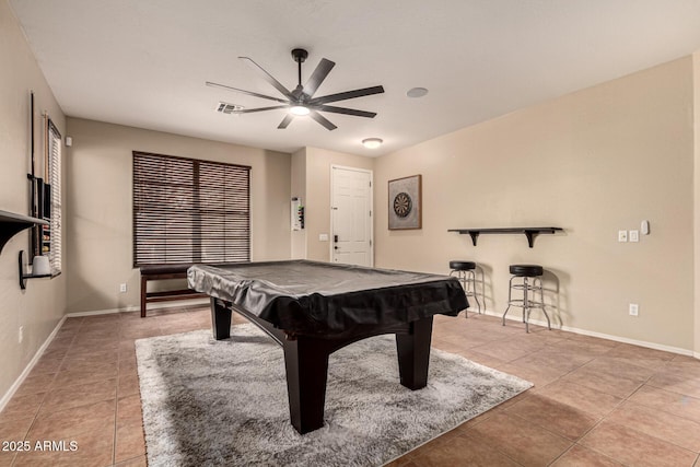 playroom featuring pool table, visible vents, baseboards, and light tile patterned floors