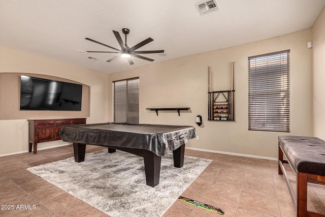 playroom with visible vents, billiards, baseboards, and light tile patterned floors