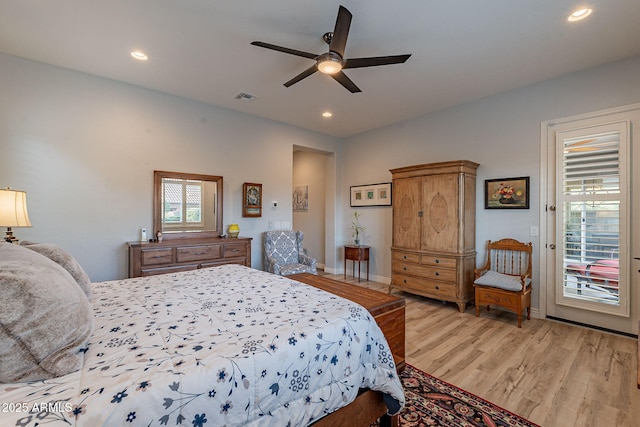 10207 W Hedge Hog Pl, Peoria, AZ 85383 - bedroom with light wood finished floors, access to outside, recessed lighting, ceiling fan, and baseboards