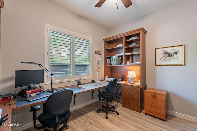 10207 W Hedge Hog Pl, Peoria, AZ 85383 - home office with ceiling fan, light wood-style floors, and baseboards