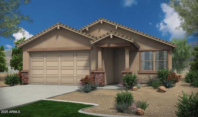 view of front facade with a garage, stone siding, concrete driveway, and stucco siding
