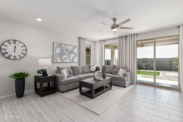 living room featuring ceiling fan